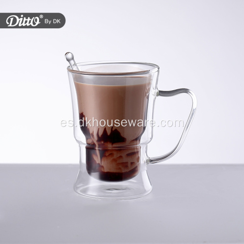 Taza de café de vidrio aislante de doble pared con asa